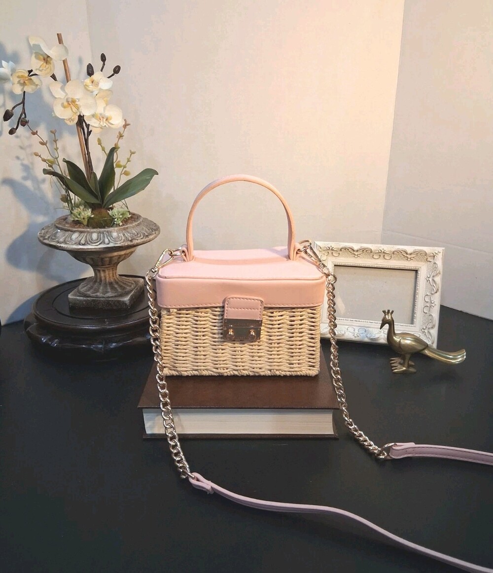 'Like Dreams' Brand Vegan Leather Pink Purse w/ Woven Rattan & Hard Wire Body